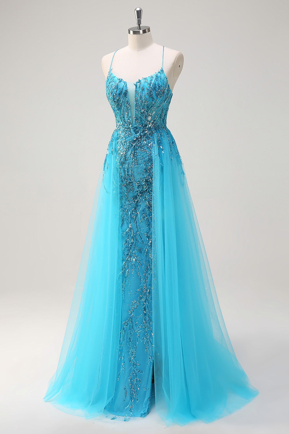 Sparkly Blue Spaghetti Straps paillettes lungo Abito da cerimonia con mantello laterale