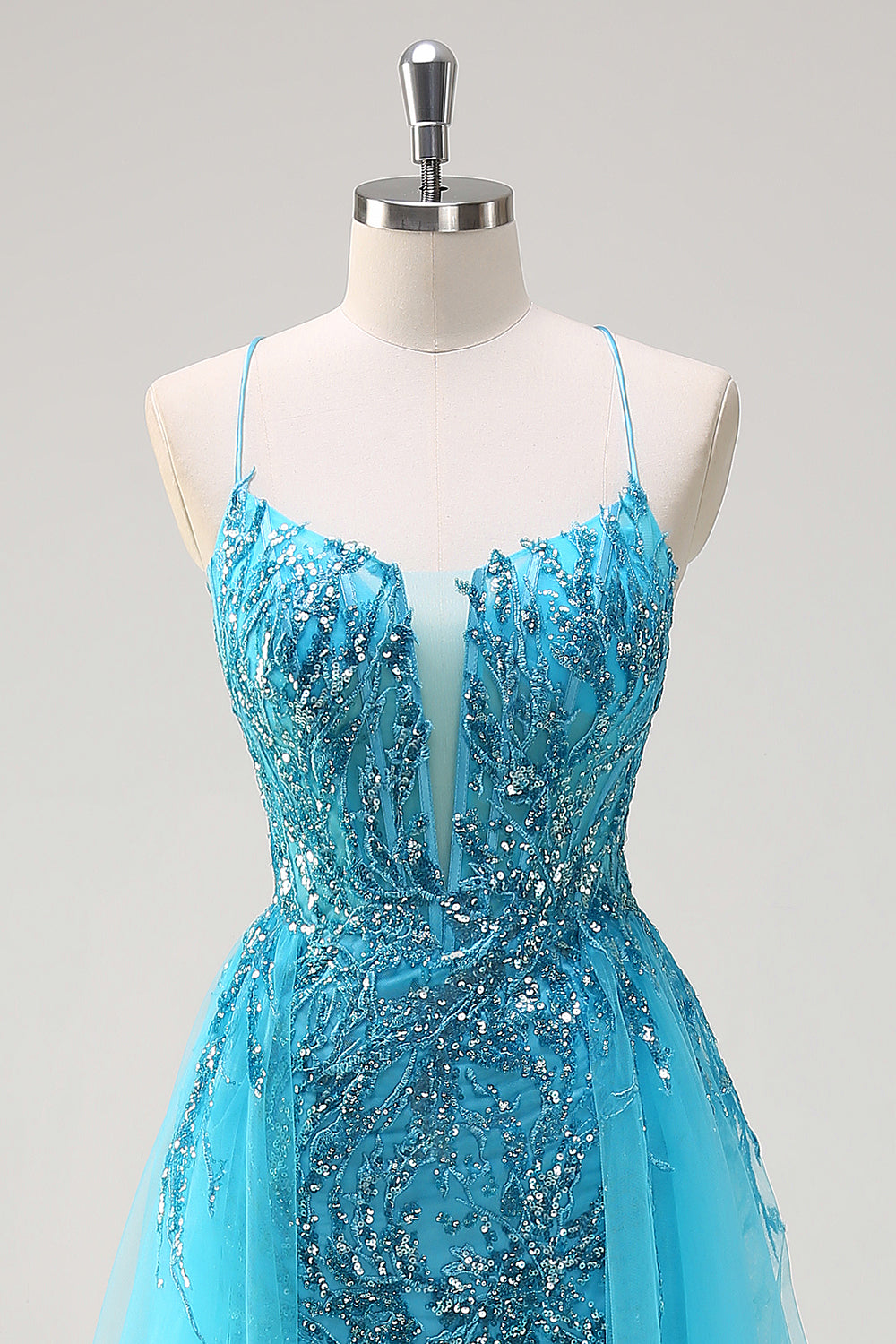 Sparkly Blue Spaghetti Straps paillettes lungo Abito da cerimonia con mantello laterale