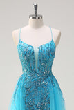 Sparkly Blue Spaghetti Straps paillettes lungo Abito da cerimonia con mantello laterale