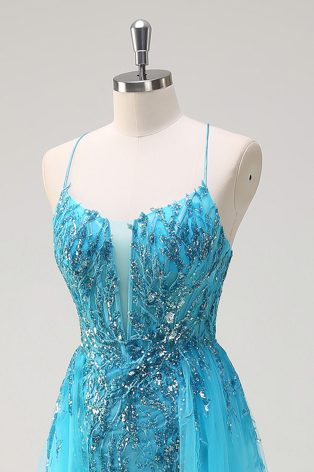 Sparkly Blue Spaghetti Straps paillettes lungo Abito da cerimonia con mantello laterale