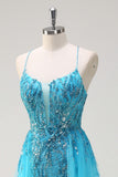 Sparkly Blue Spaghetti Straps paillettes lungo Abito da cerimonia con mantello laterale