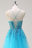 Sparkly Blue Spaghetti Straps paillettes lungo Abito da cerimonia con mantello laterale