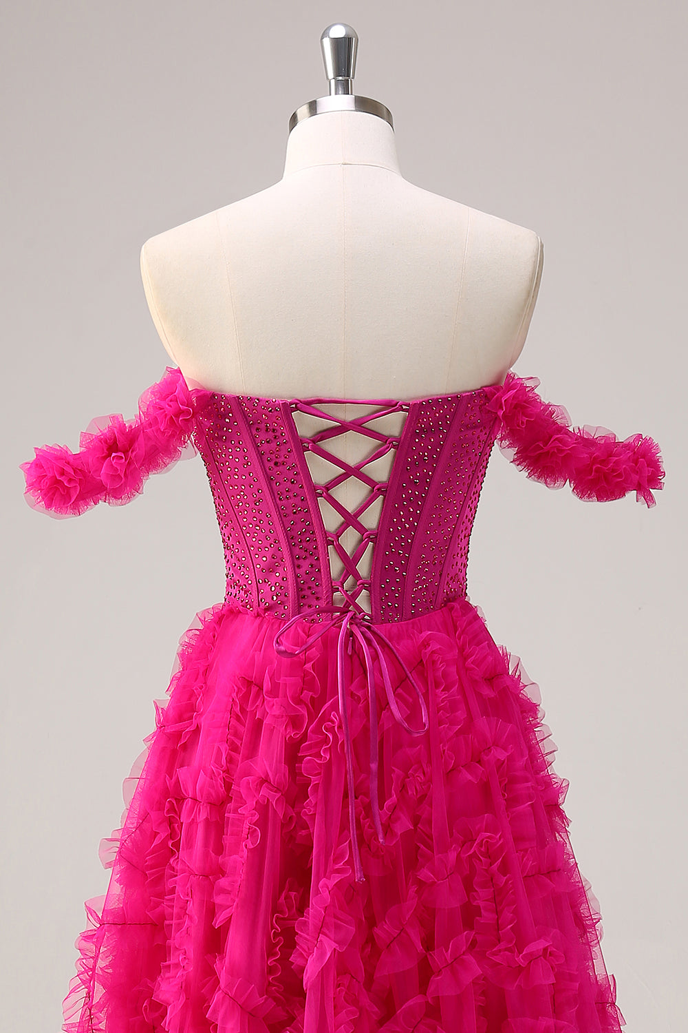 Fucsia A-Line Tiered Off la spalla lungo corsetto Abito da cerimonia con perline