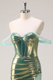 Verde Off the Shoulder Mermaid Metallic Corsetto Lungo Abito da cerimonia con fessura