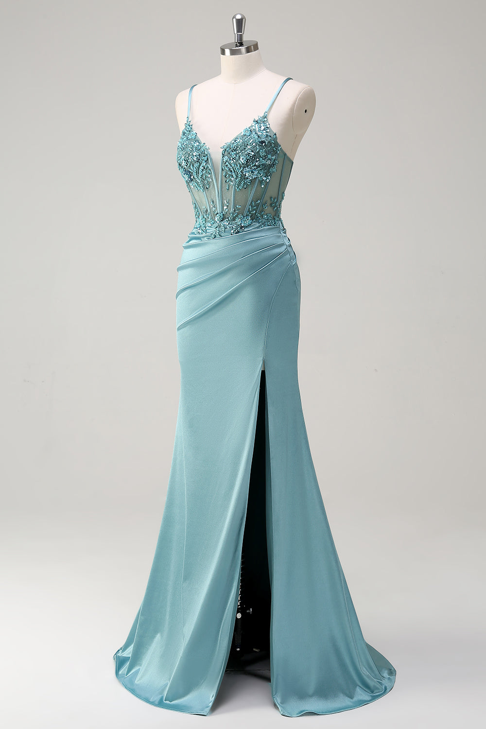 Scintillante blu sirena corsetto abito da sera con fessura