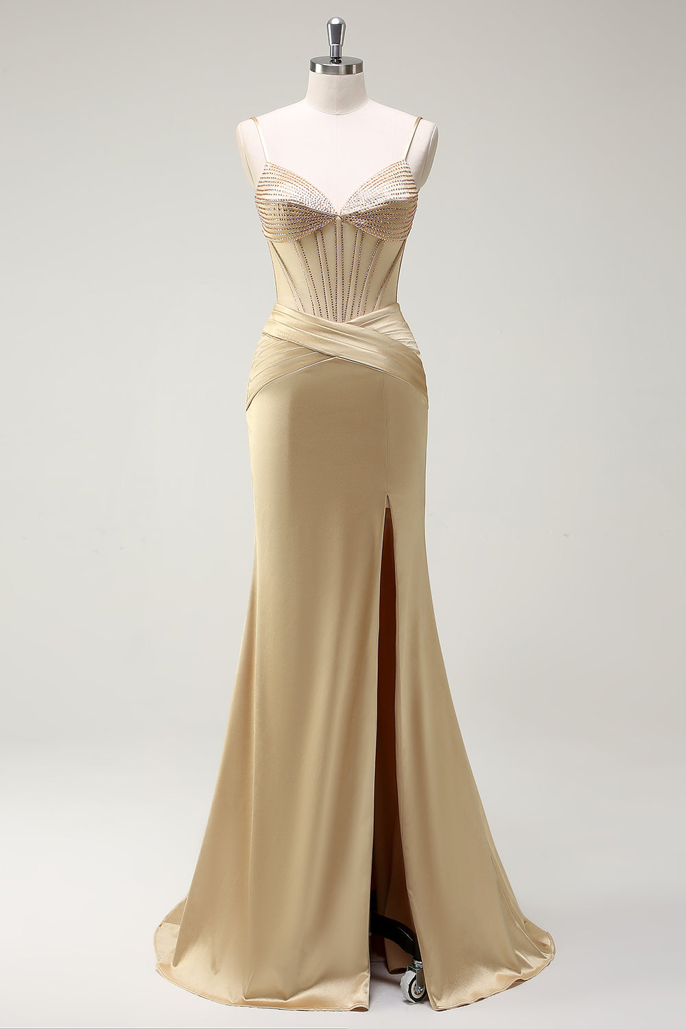 Sparkly Mermaid Spaghetti Straps Corsetto d'oro Abito da cerimonia con fessura