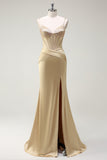 Sparkly Mermaid Spaghetti Straps Corsetto d'oro Abito da cerimonia con fessura