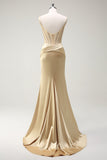 Sparkly Mermaid Spaghetti Straps Corsetto d'oro Abito da cerimonia con fessura