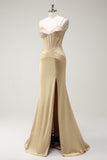 Sparkly Mermaid Spaghetti Straps Corsetto d'oro Abito da cerimonia con fessura