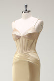 Sparkly Mermaid Spaghetti Straps Corsetto d'oro Abito da cerimonia con fessura
