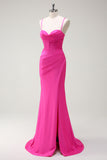 Fucsia Spaghetti Straps Mermaid Abito lungo da cerimonia con fessura