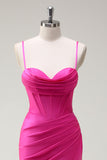 Fucsia Spaghetti Straps Mermaid Abito lungo da cerimonia con fessura
