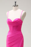 Fucsia Spaghetti Straps Mermaid Abito lungo da cerimonia con fessura