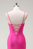 Fucsia Spaghetti Straps Mermaid Abito lungo da cerimonia con fessura