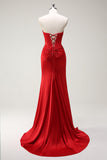 Sirena fidanzata corsetto rosso abito lungo da cerimonia con fessura