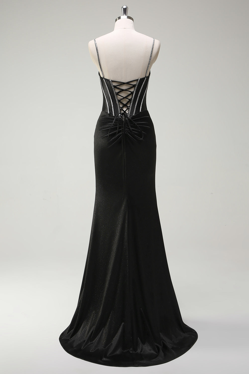 Nero sirena spaghetti spalline corsetto lungo Abito da cerimonia con fessura