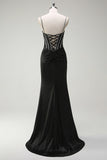Nero sirena spaghetti spalline corsetto lungo Abito da cerimonia con fessura