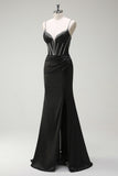 Nero sirena spaghetti spalline corsetto lungo Abito da cerimonia con fessura
