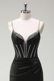 Nero sirena spaghetti spalline corsetto lungo Abito da cerimonia con fessura