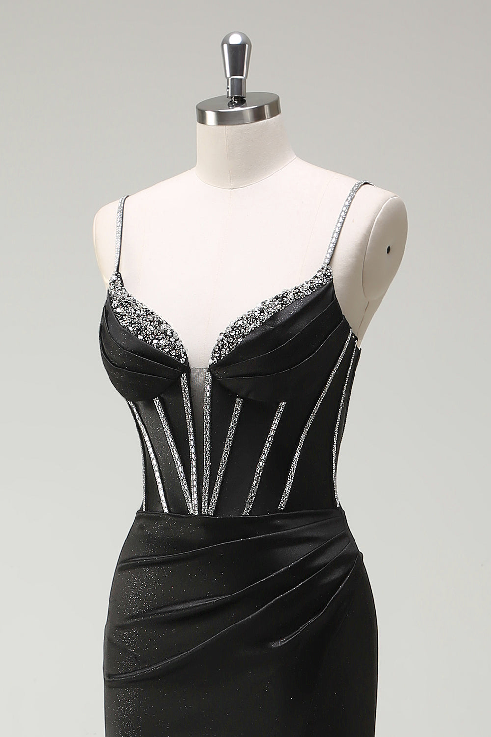 Nero sirena spaghetti spalline corsetto lungo Abito da cerimonia con fessura