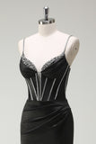 Nero sirena spaghetti spalline corsetto lungo Abito da cerimonia con fessura