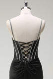 Nero sirena spaghetti spalline corsetto lungo Abito da cerimonia con fessura