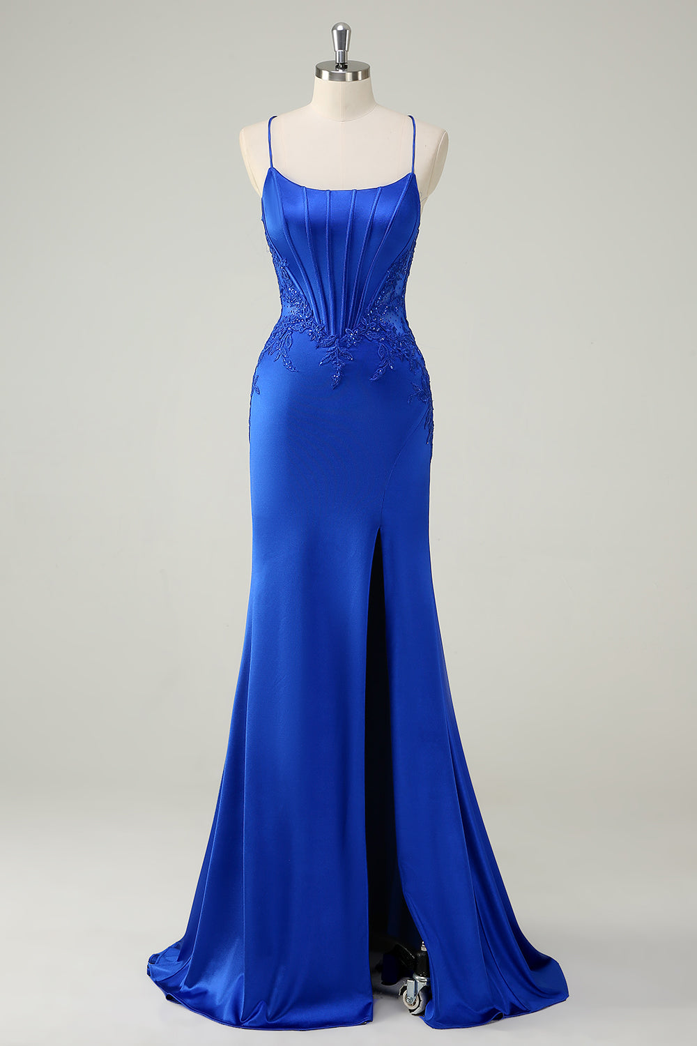Royal Blue Mermaid Corsetto Spaghetti Straps Appliqued Abito da cerimonia lungo