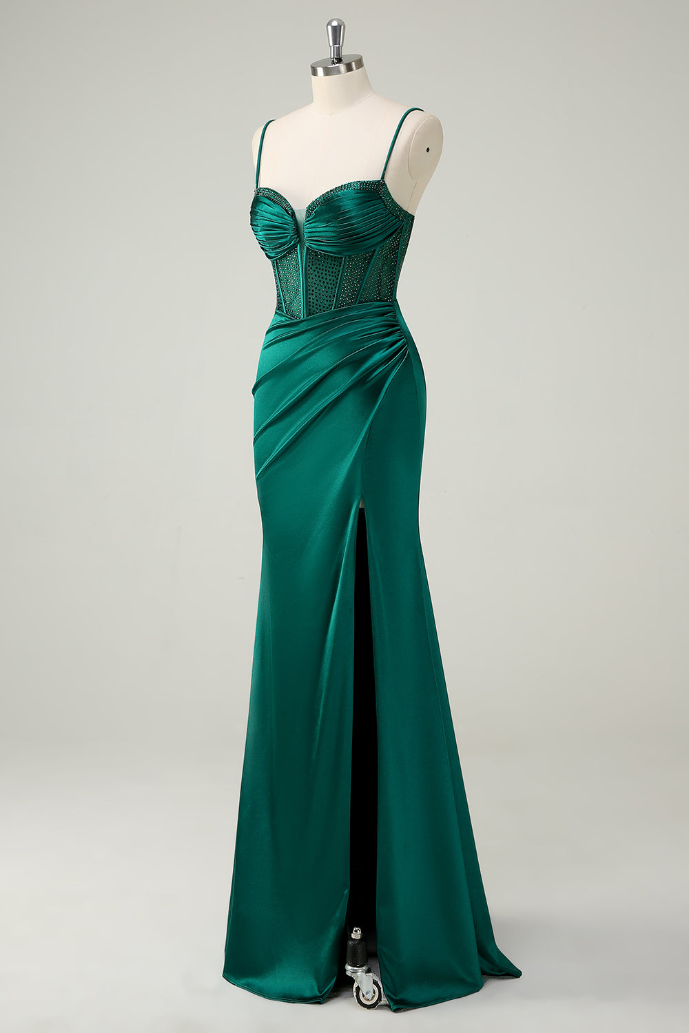 Verde scuro sirena spaghetti spalline corsetto lungo Abito da cerimonia con fessura