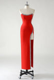 Rosso Sheath senza spalline strass Tea Length Abito da cerimonia con fessura