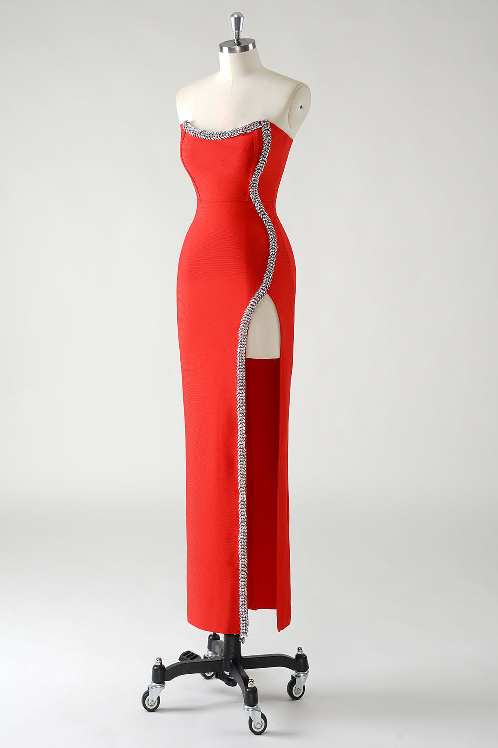 Rosso Sheath senza spalline strass Tea Length Abito da cerimonia con fessura