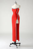 Rosso Sheath senza spalline strass Tea Length Abito da cerimonia con fessura