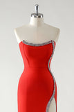Rosso Sheath senza spalline strass Tea Length Abito da cerimonia con fessura
