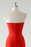 Rosso Sheath senza spalline strass Tea Length Abito da cerimonia con fessura