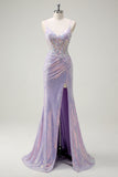 Corsetto scintillante lilla sirena Spaghetti Straps Abito da cerimonia con fessura