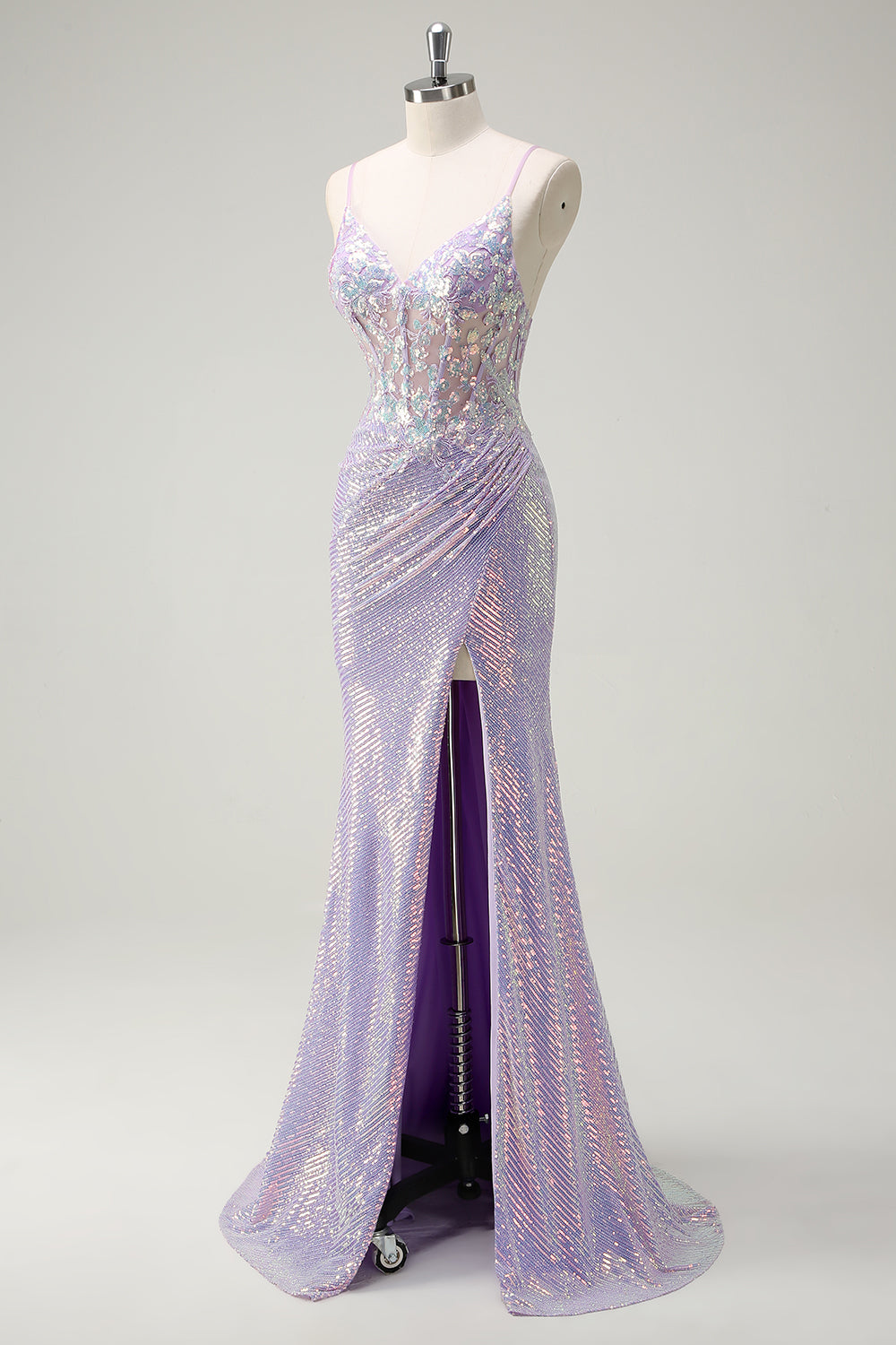 Corsetto scintillante lilla sirena Spaghetti Straps Abito da cerimonia con fessura