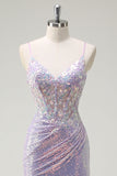 Corsetto scintillante lilla sirena Spaghetti Straps Abito da cerimonia con fessura