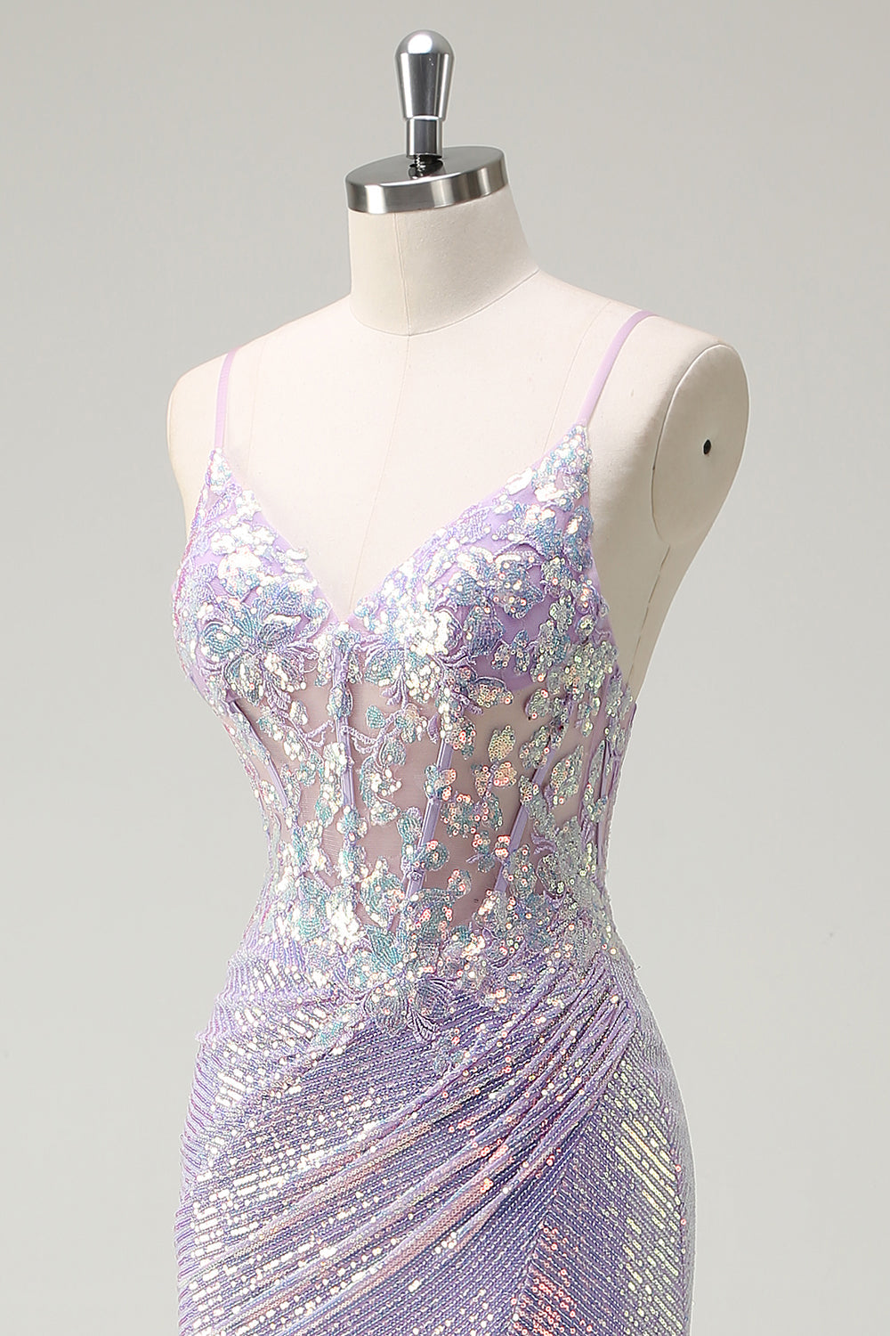 Corsetto scintillante lilla sirena Spaghetti Straps Abito da cerimonia con fessura