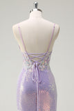 Corsetto scintillante lilla sirena Spaghetti Straps Abito da cerimonia con fessura