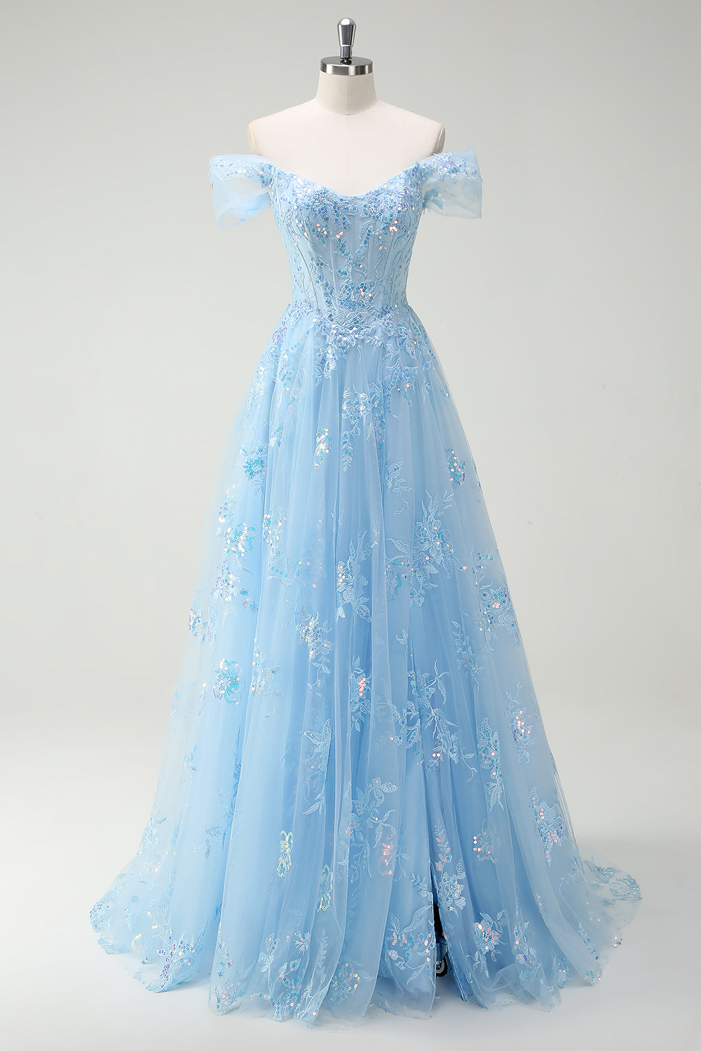 Sparkly Sky Blue Off The Shoulder A-Line Abito da cerimonia con fessura