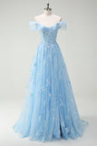Sparkly Sky Blue Off The Shoulder A-Line Abito da cerimonia con fessura