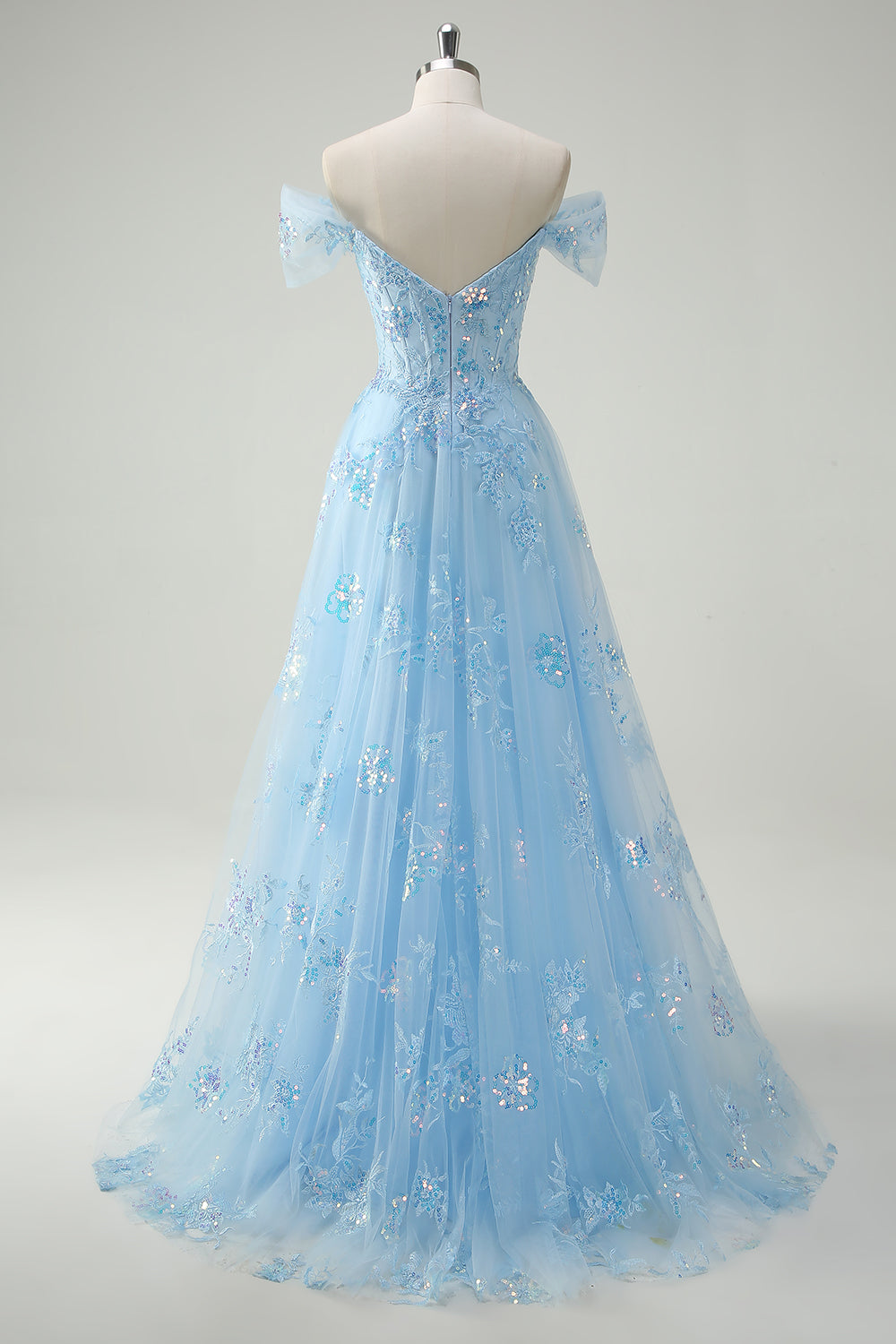 Sparkly Sky Blue Off The Shoulder A-Line Abito da cerimonia con fessura