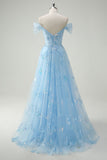Sparkly Sky Blue Off The Shoulder A-Line Abito da cerimonia con fessura