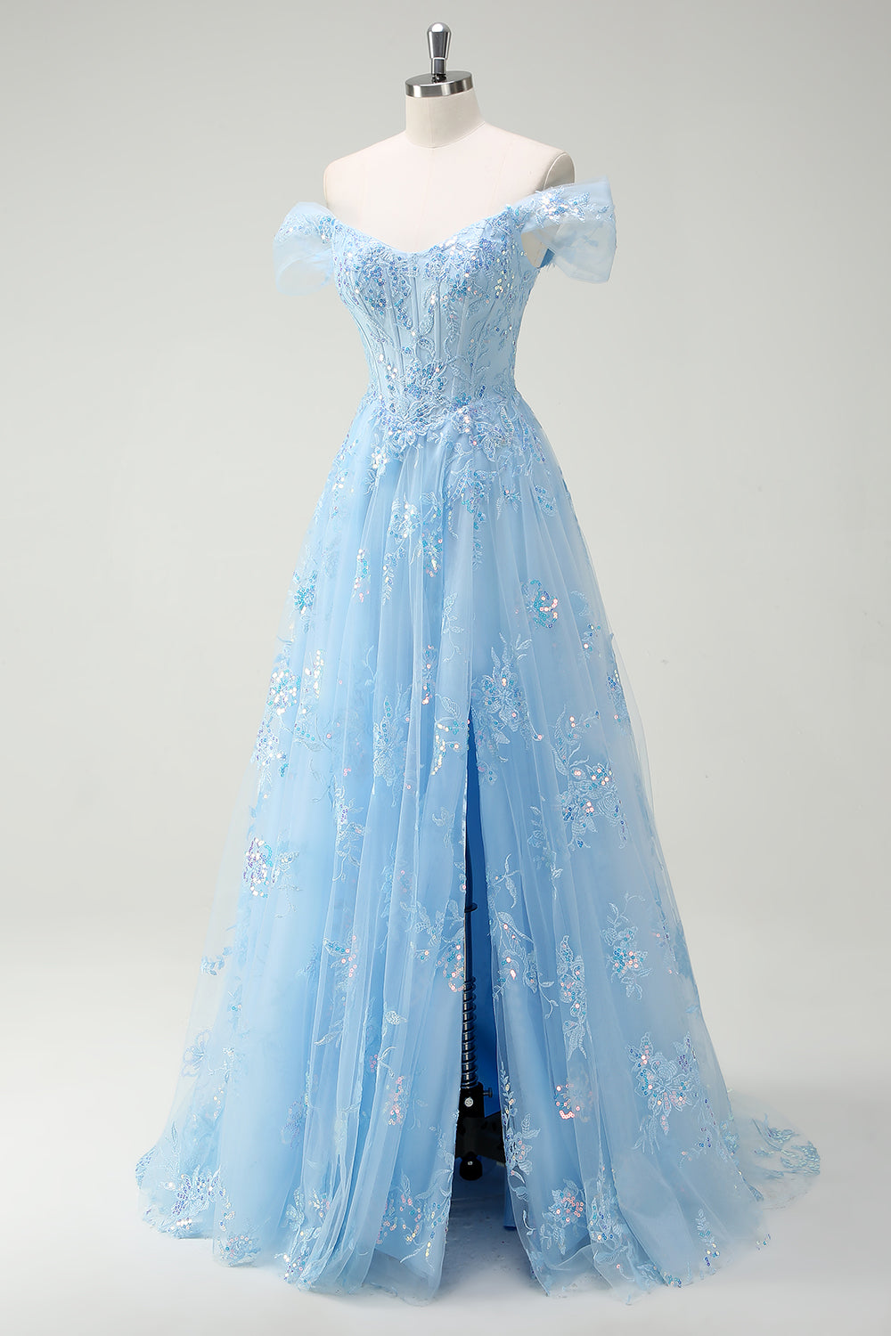 Sparkly Sky Blue Off The Shoulder A-Line Abito da cerimonia con fessura