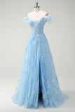 Sparkly Sky Blue Off The Shoulder A-Line Abito da cerimonia con fessura