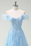Sparkly Sky Blue Off The Shoulder A-Line Abito da cerimonia con fessura