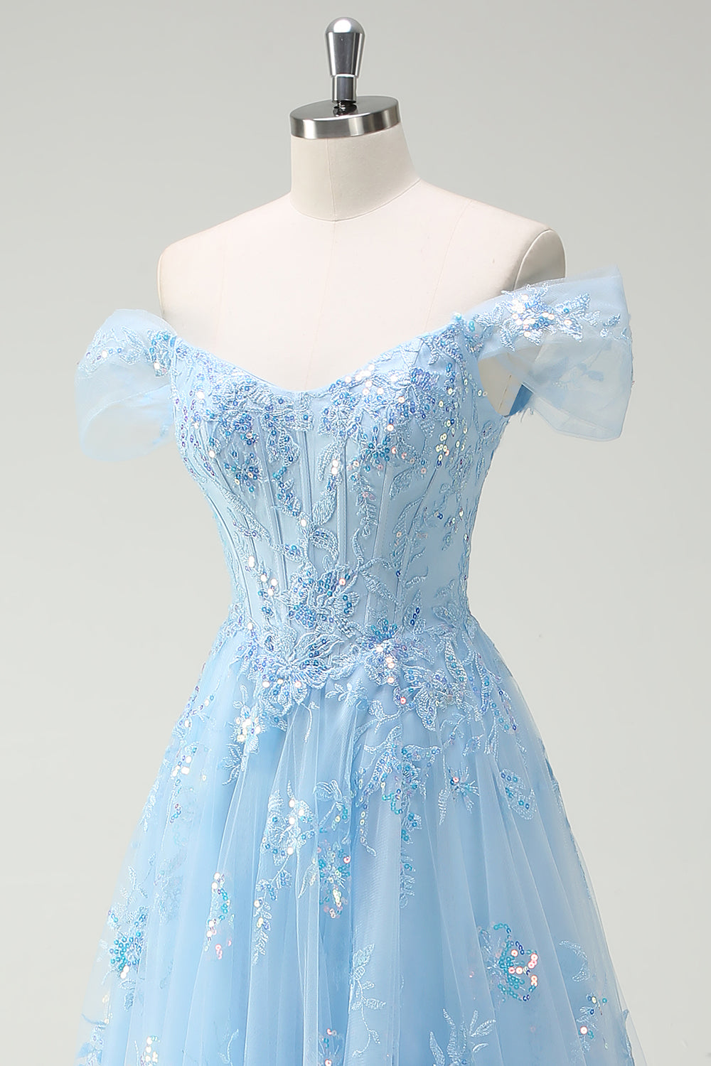 Sparkly Sky Blue Off The Shoulder A-Line Abito da cerimonia con fessura