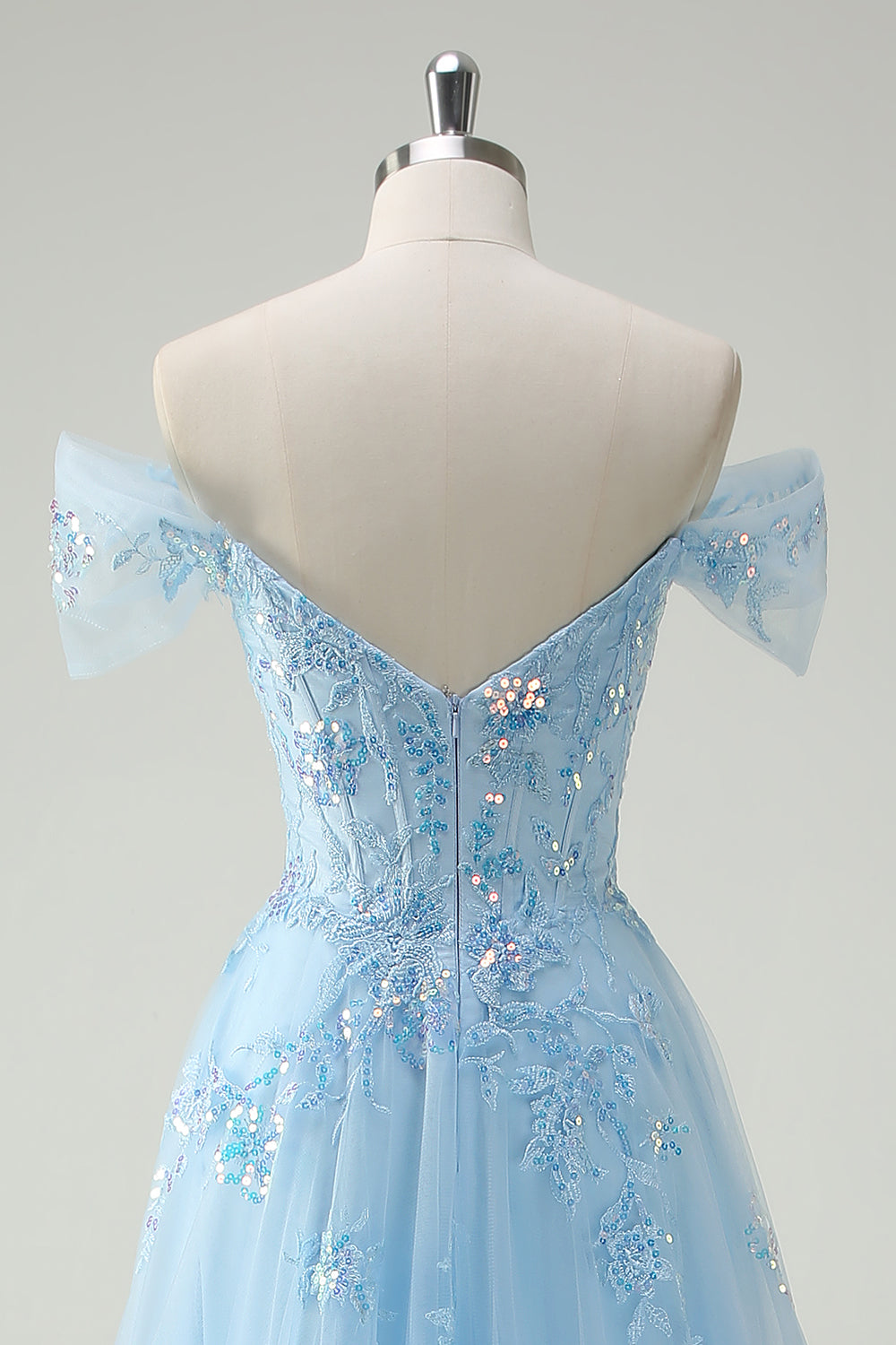 Sparkly Sky Blue Off The Shoulder A-Line Abito da cerimonia con fessura