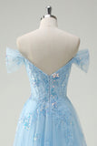 Sparkly Sky Blue Off The Shoulder A-Line Abito da cerimonia con fessura