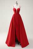 Rosso Ball-Gown Spaghetti Straps Lace Up Back Abito da cerimonia lungo con fessura