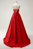 Rosso Ball-Gown Spaghetti Straps Lace Up Back Abito da cerimonia lungo con fessura